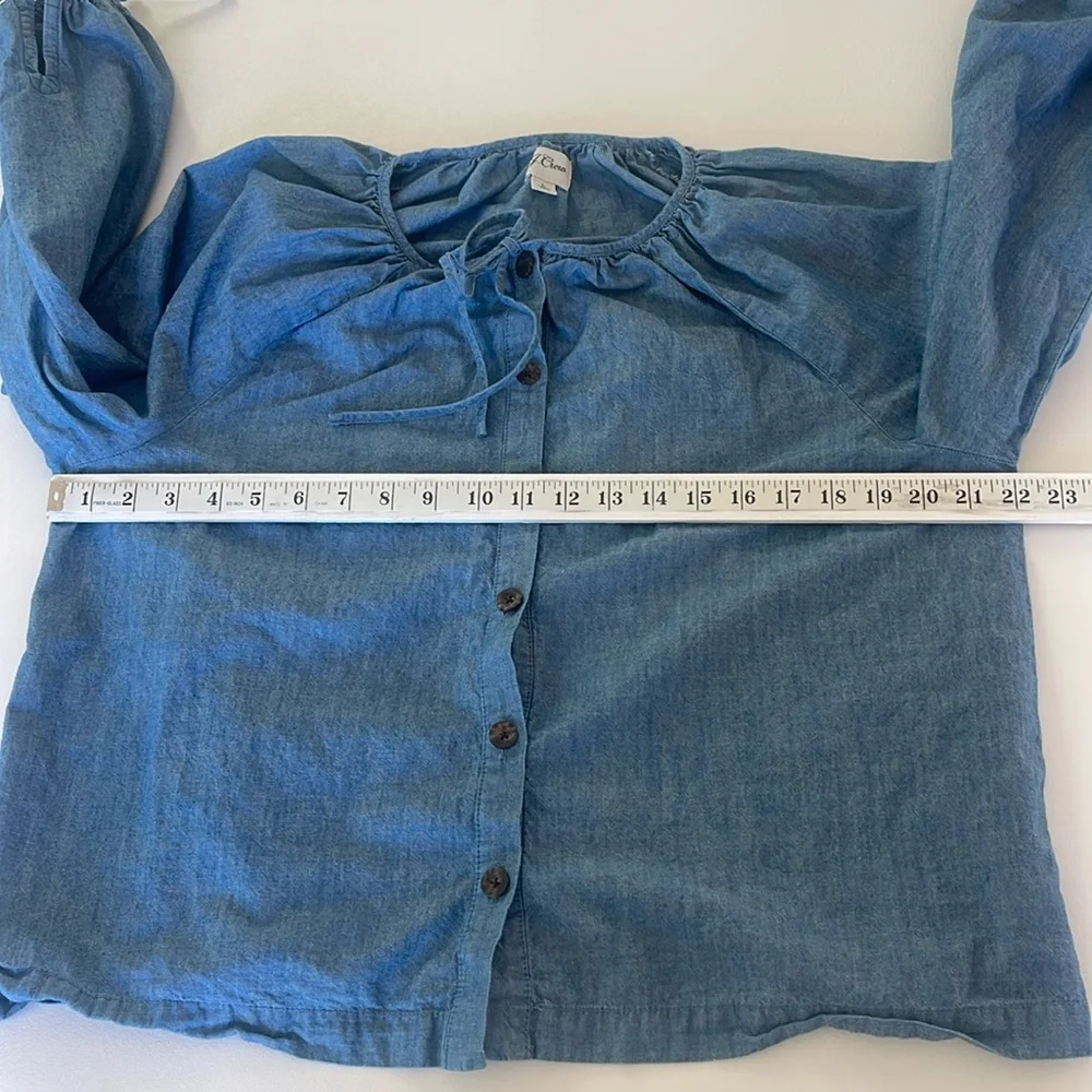 J. Crew Tie Sleeve Button Front Chambray Top with Tie Neck Detail Cotton Size L